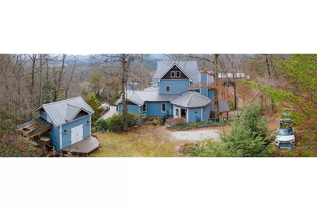 Property & Garage Panorama — exterior of unique chateau-style cabin in Franklin NC — Chateaux Wedgewood Smoky Mountains retreat
