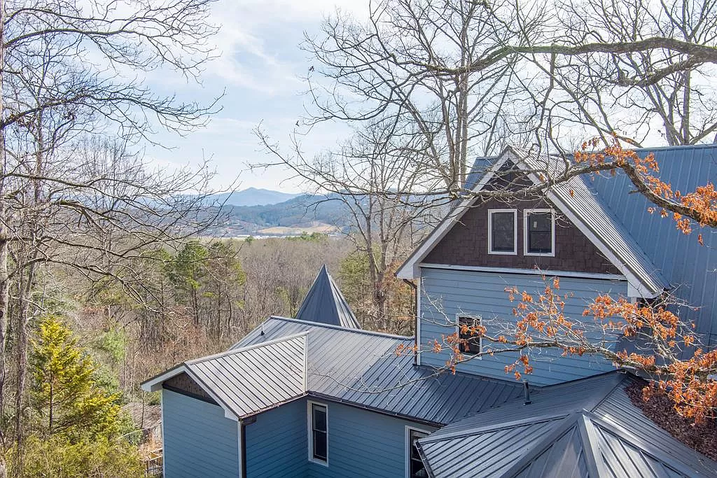 Mountain View from Roof — exterior of unique chateau-style cabin in Franklin NC — Chateaux Wedgewood Smoky Mountains retreat