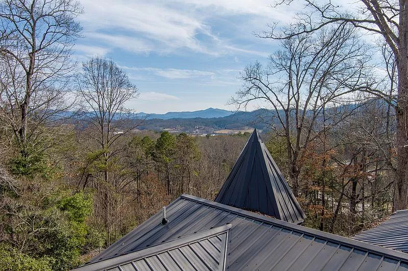 Mountain Vista — exterior of unique chateau-style cabin in Franklin NC — Chateaux Wedgewood Smoky Mountains retreat