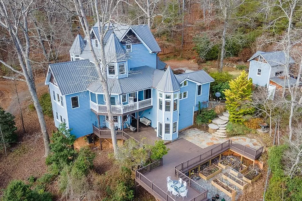 Aerial View — Rear — exterior of unique chateau-style cabin in Franklin NC — Chateaux Wedgewood Smoky Mountains retreat
