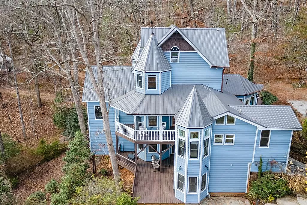 Aerial View — Turrets — exterior of unique chateau-style cabin in Franklin NC — Chateaux Wedgewood Smoky Mountains retreat