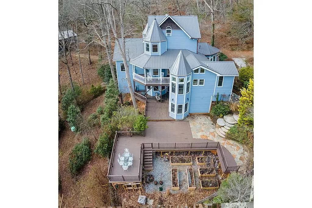 Aerial View — Decks — exterior of unique chateau-style cabin in Franklin NC — Chateaux Wedgewood Smoky Mountains retreat