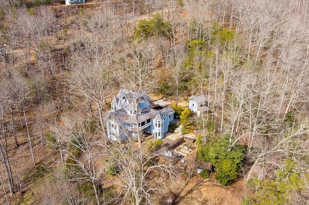 Aerial View — Property — exterior of unique chateau-style cabin in Franklin NC — Chateaux Wedgewood Smoky Mountains retreat