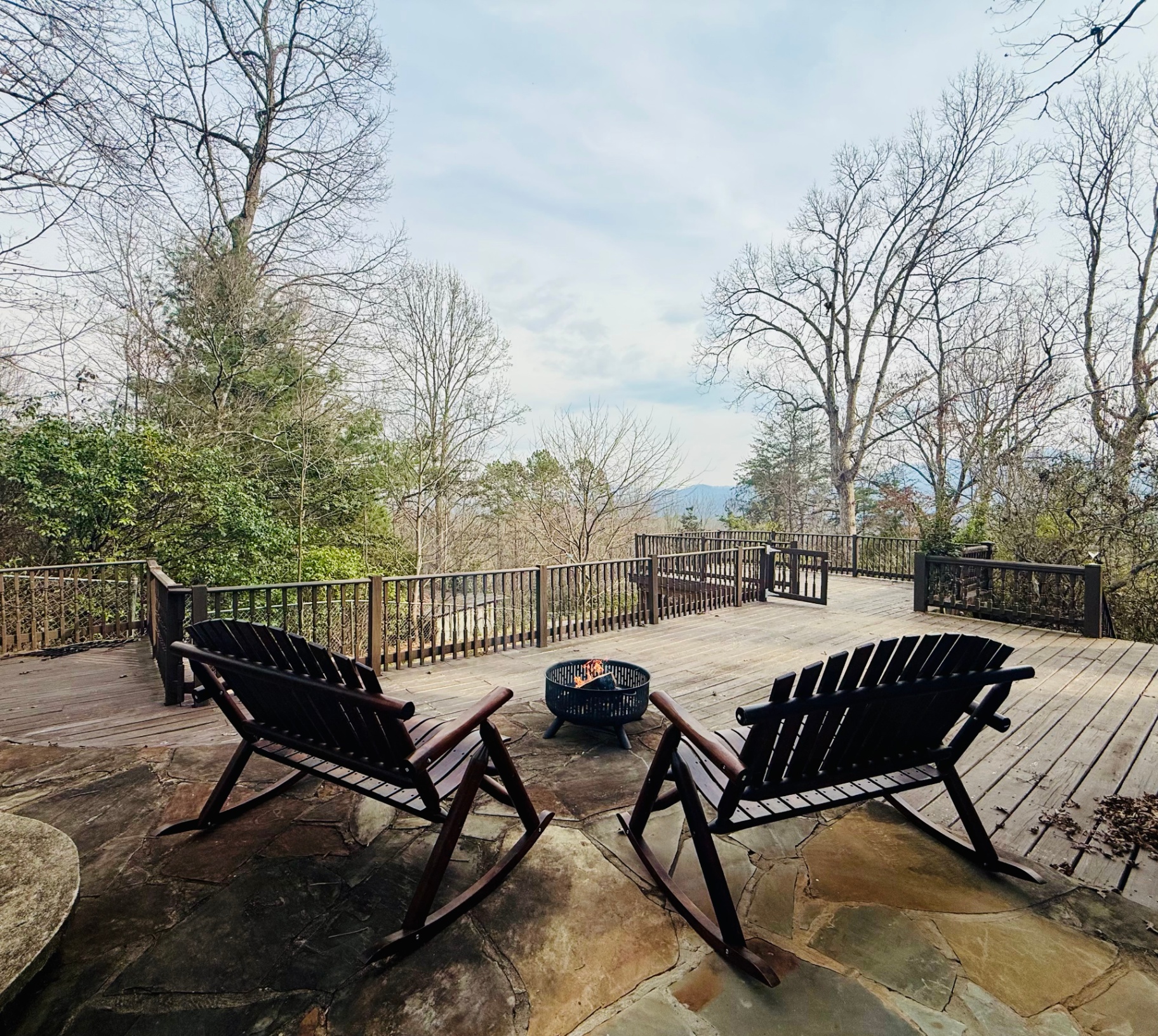 Fire pit with mountain view at large group cabin Smoky Mountains