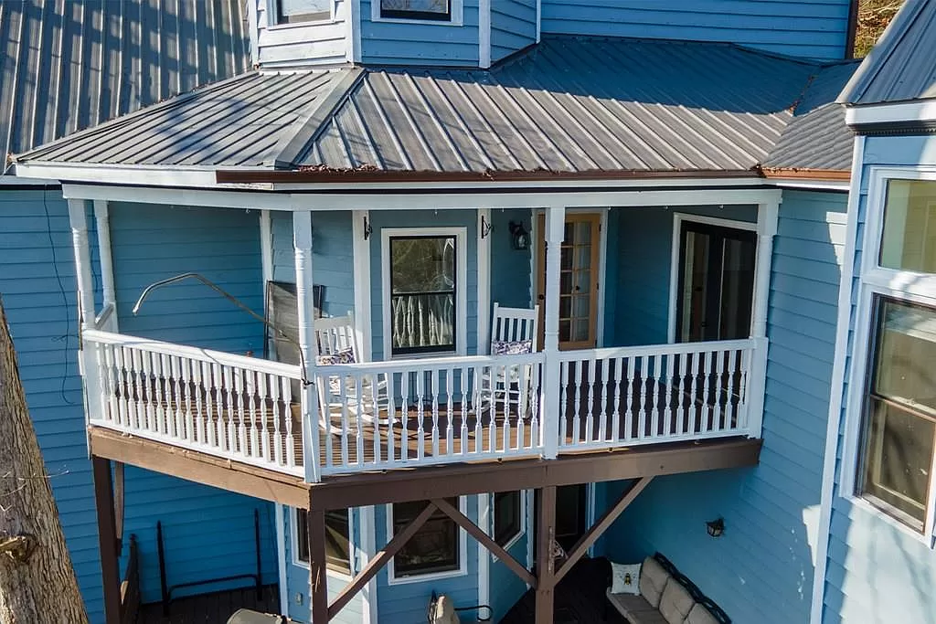 Porch from Above — exterior of unique chateau-style cabin in Franklin NC — Chateaux Wedgewood Smoky Mountains retreat