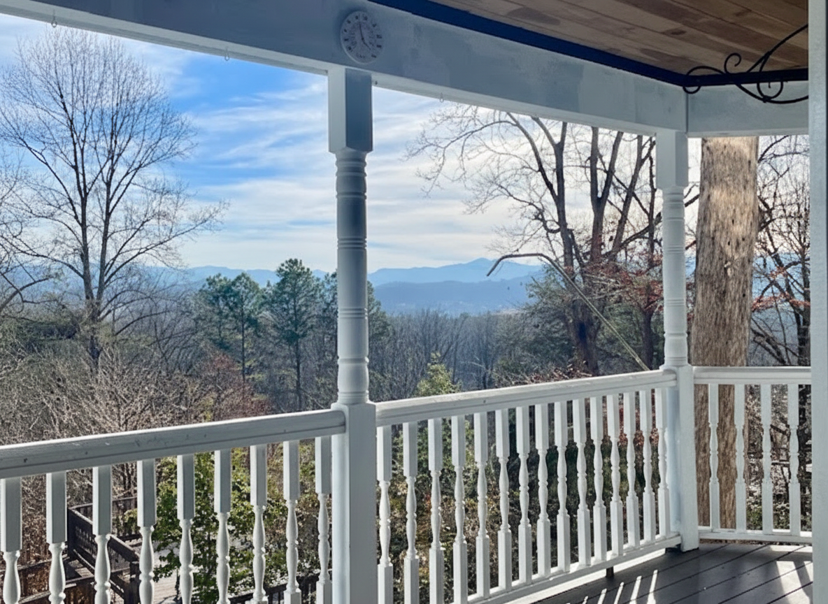 Mountain view cabin Franklin NC — veranda overlooking Smoky Mountains